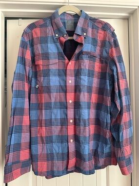 Men’s L Vineyard Vines Coral and Blue Harbor Fishing Shirt